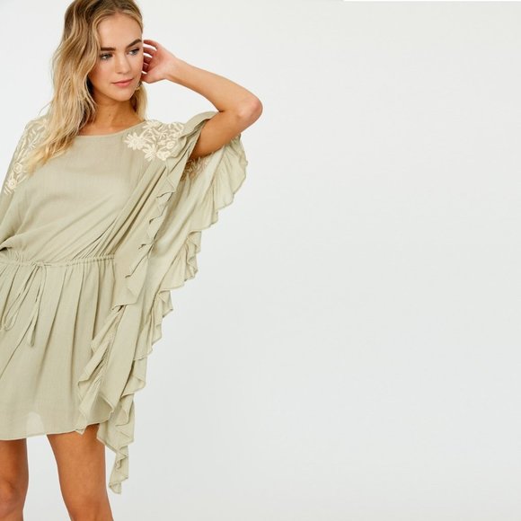 Floral Embroidered Cascading Ruffle Caftan Dress • NWT • Round Neck • Lined - Picture 4 of 7